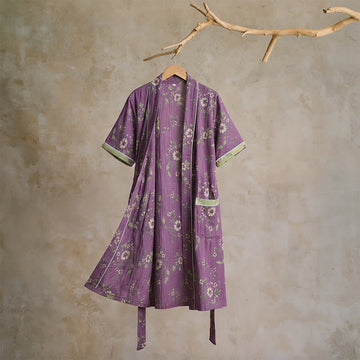 Kimono vintage in cotone con stampa floreale viola - XL - image 0