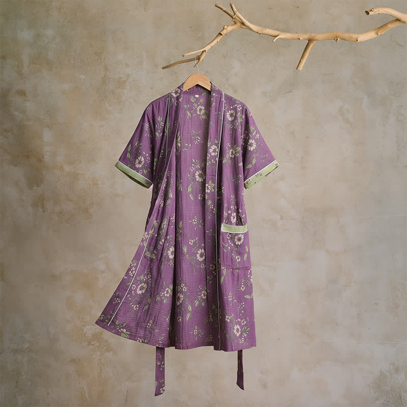 Kimono vintage in cotone con stampa floreale viola - XL - image 0