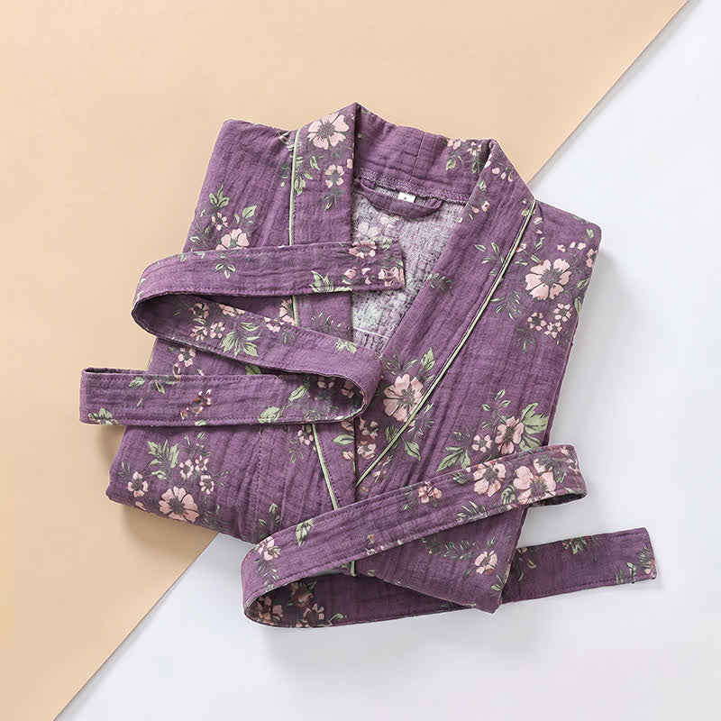 Kimono vintage in cotone con stampa floreale viola - image 3