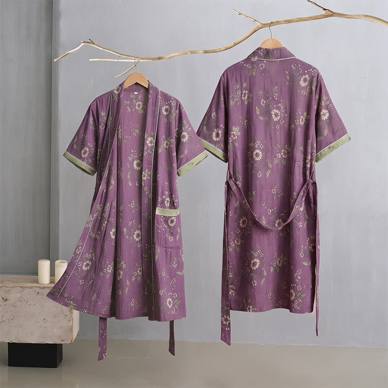 Kimono vintage in cotone con stampa floreale viola - image 2