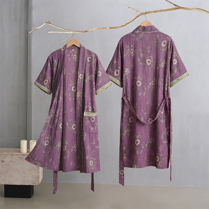 Kimono vintage in cotone con stampa floreale viola - image 2
