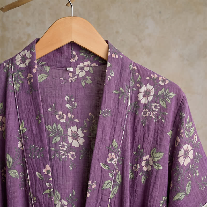 Kimono vintage in cotone con stampa floreale viola - image 4