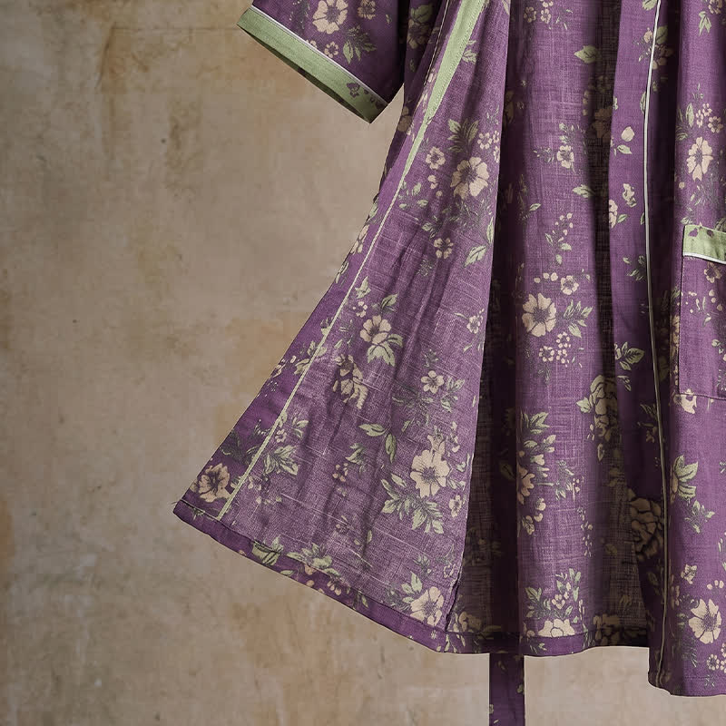 Kimono vintage in cotone con stampa floreale viola - image 5