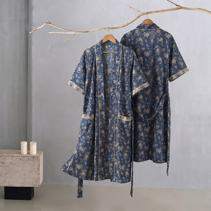 Kimono vintage blu indaco con stampa floreale - image 2