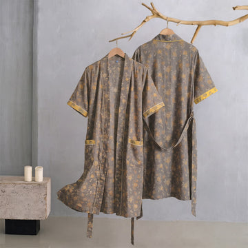 Kimono vintage a fantasia floreale color tortora e giallo - XL - image 0