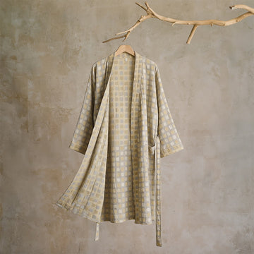 Kimono vestaglia in morbido cotone a quadri giallo-grigi - L - image 0