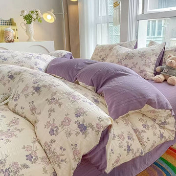 Set di biancheria da letto in cotone con stampa floreale viola pastello in stile cottagecore - Matrimoniale Grande - Set di biancheria da letto (lenzuolo piano) - image 0