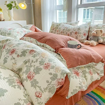 Set di biancheria da letto in cotone con motivo floreale vintage a rose in stile cottagecore - Matrimoniale Grande - Set di biancheria da letto (lenzuolo piano) - image 0