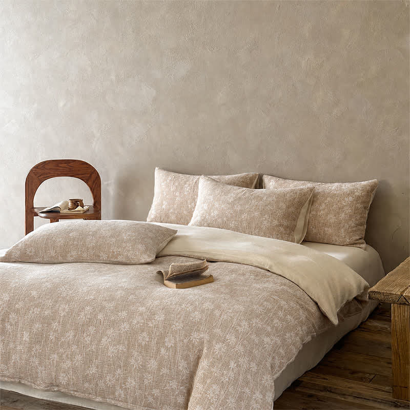 Set di biancheria da letto in cotone jacquard con motivo floreale color cammello. - image 1