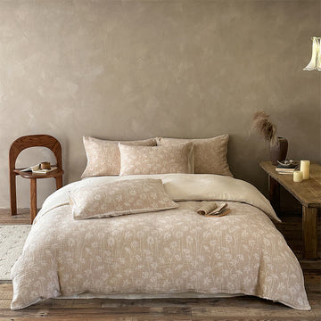 Set di biancheria da letto in cotone jacquard con motivo floreale color cammello. - Cammello - Lenzuolo con angoli - Matrimoniale Grande - image 0