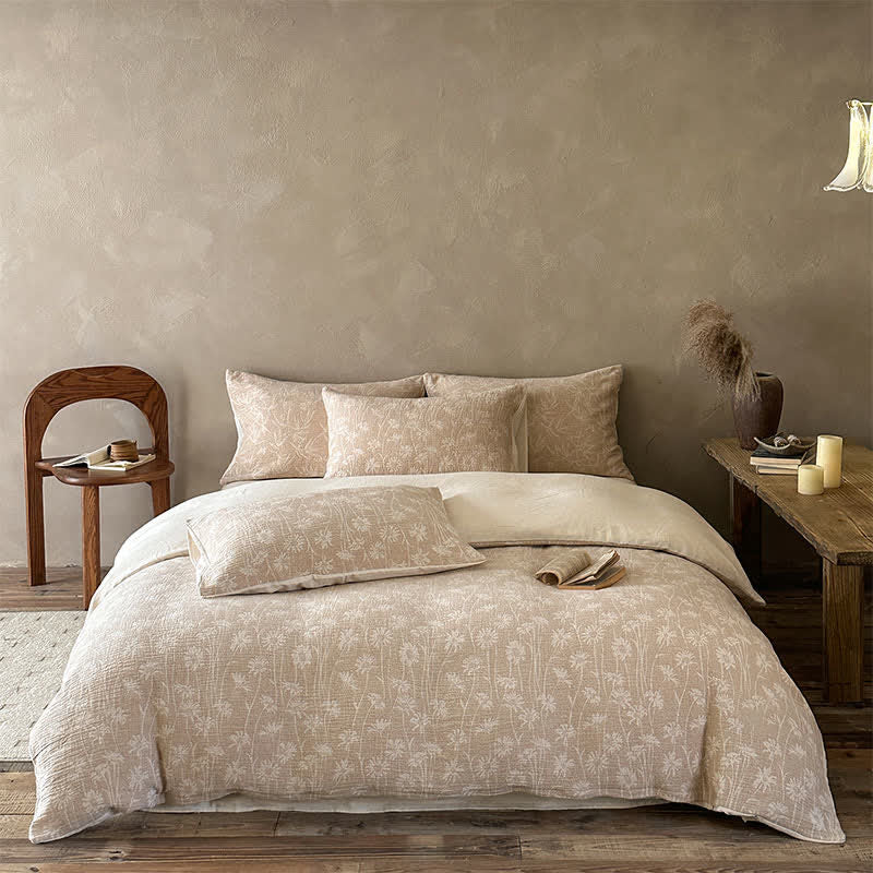 Set di biancheria da letto in cotone jacquard con motivo floreale color cammello. - Cammello - Lenzuolo con angoli - Matrimoniale Grande - image 0