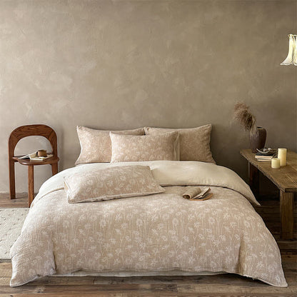 Set di biancheria da letto in cotone jacquard con motivo floreale color cammello. - Cammello - Lenzuolo con angoli - Matrimoniale Grande - image 0