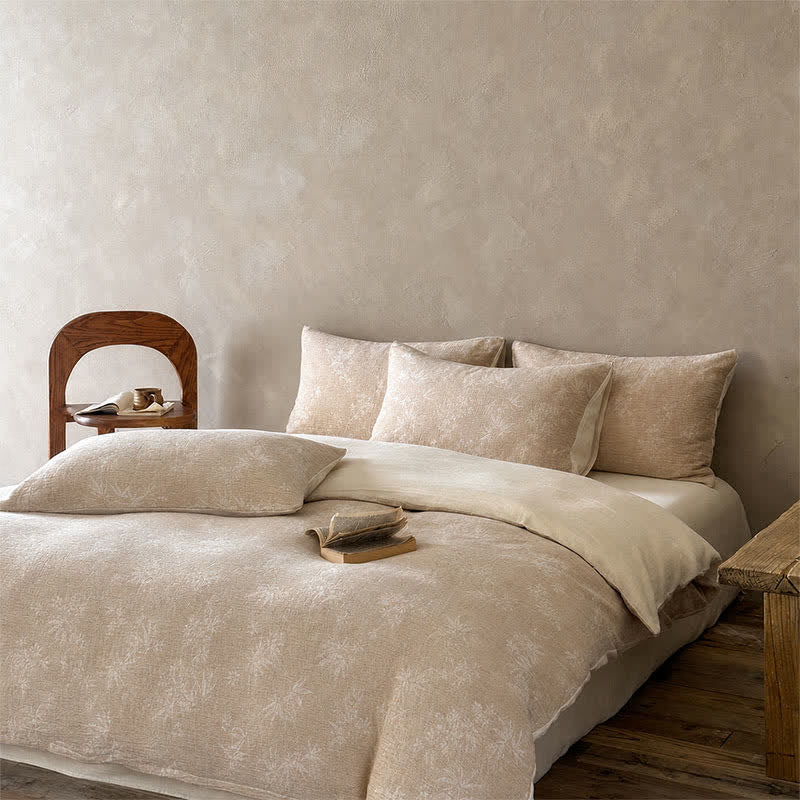 Set di biancheria da letto in cotone jacquard con motivo a rametti di bambù color cammello - image 1