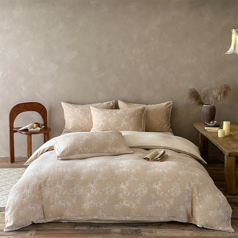 Set di biancheria da letto in cotone jacquard con motivo a rametti di bambù color cammello - Cammello - Lenzuolo con angoli - Matrimoniale Grande - image 0