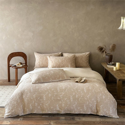 Set di biancheria da letto in cotone jacquard con delicato motivo floreale color cammello. - Cammello - Lenzuolo con angoli - Matrimoniale Grande - image 0