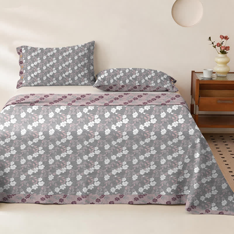 Elegante copriletto in doppia garza di cotone con motivo floreale. - Copriletto con 2 federe - Matrimoniale Grande - Grigio e rosa - image 4