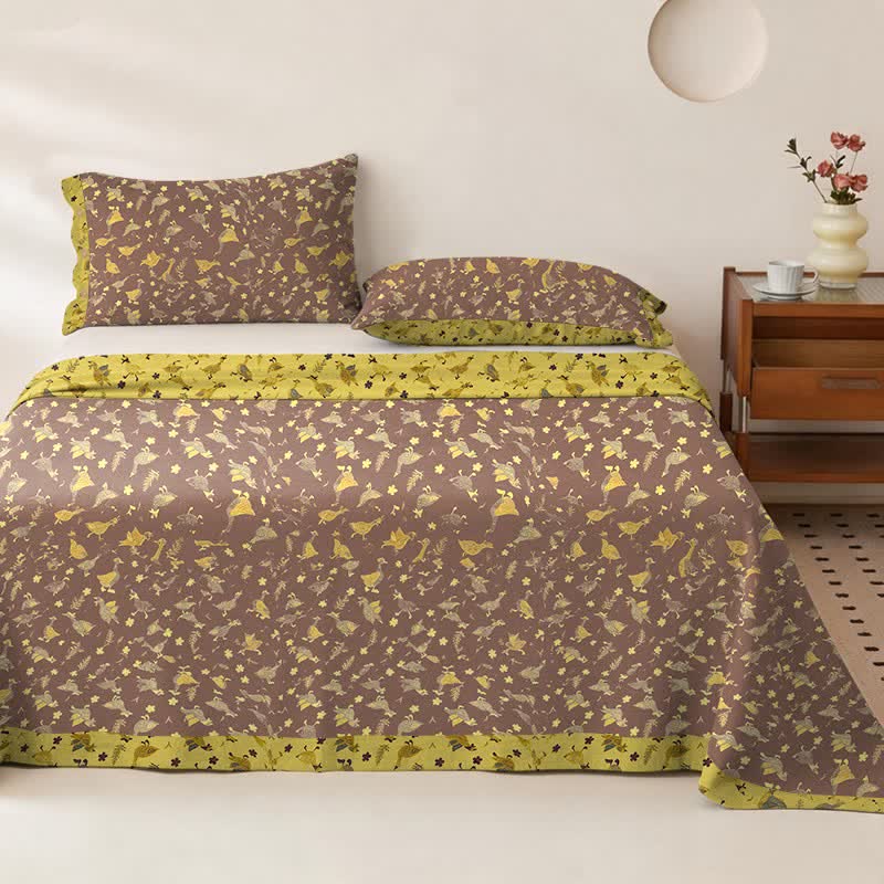 Copriletto in doppia garza di cotone con stampa floreale e motivo a papera. - Copriletto con 2 federe - Matrimoniale Grande - image 0