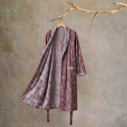 Accappatoio vintage in doppia garza di cotone con motivi botanici - Vino - XL - image 0