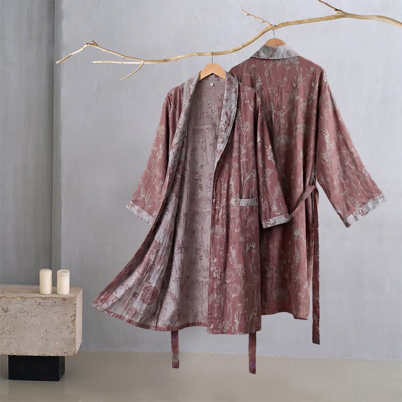 Accappatoio vintage in doppia garza di cotone con motivi botanici - image 1