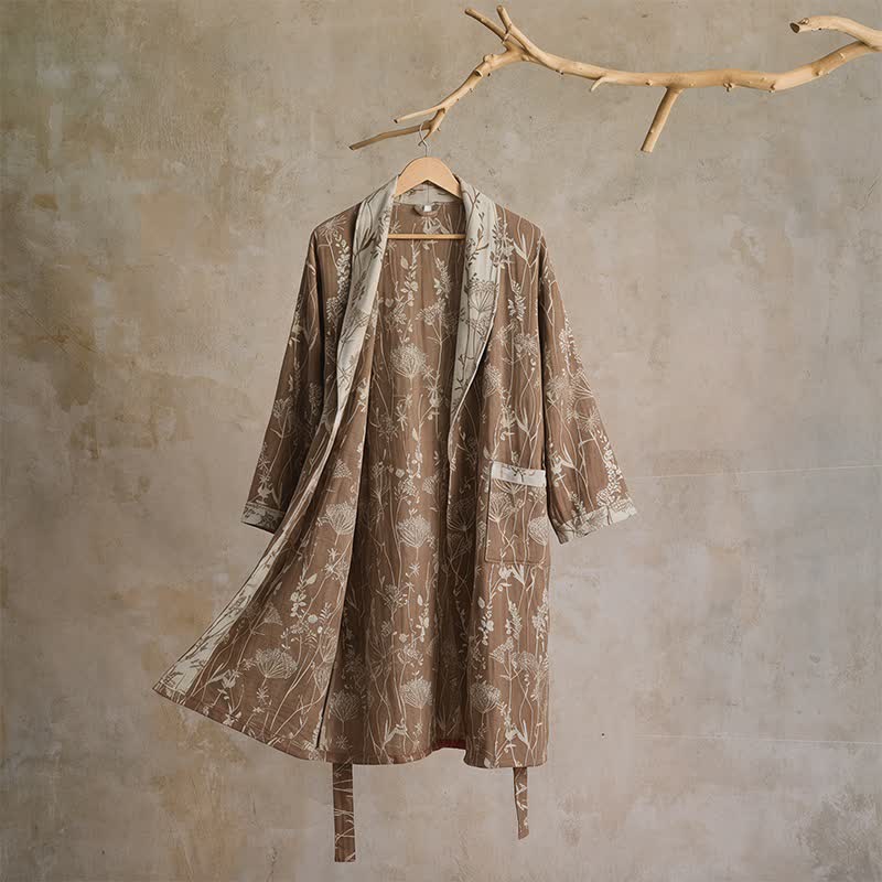 Accappatoio vintage in doppia garza di cotone con motivi botanici - Marrone - XL - image 12