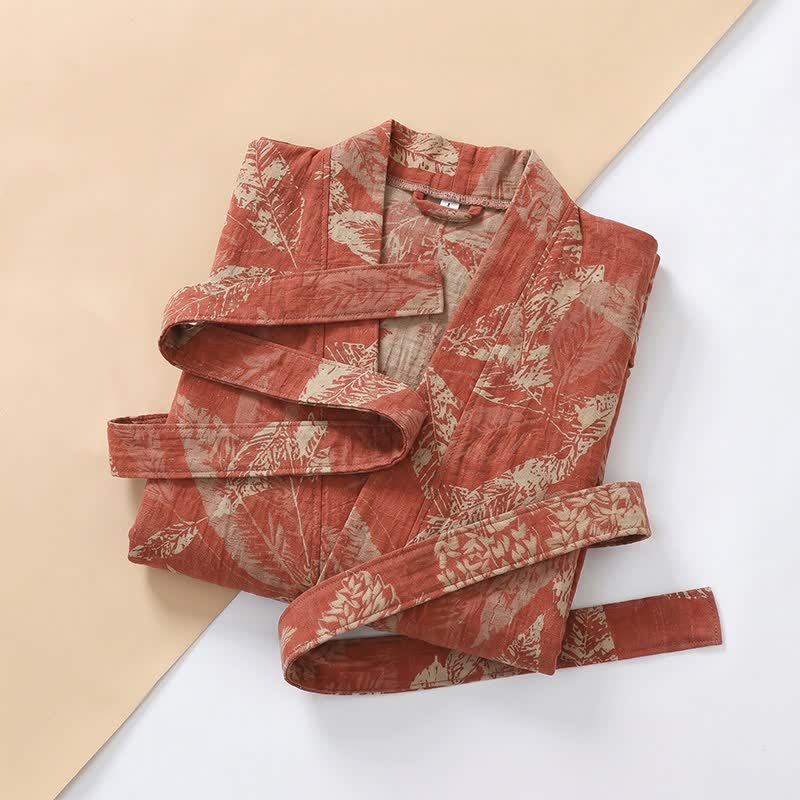 Kimono accappatoio in garza di cotone color foglia di corallo - image 3