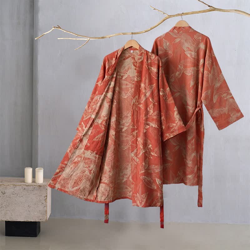 Kimono accappatoio in garza di cotone color foglia di corallo - image 1