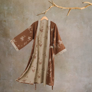 Elegante kimono in cotone con motivo a farfalla - Caffè - 2XL - image 0