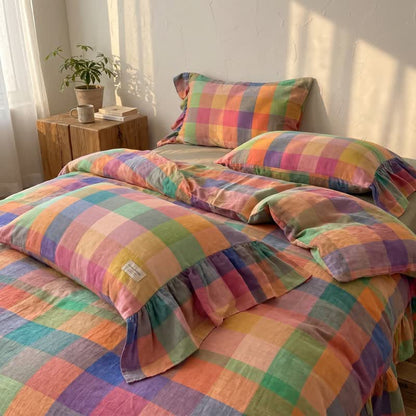 Set di biancheria da letto in cotone con volant e fantasia a quadri colorati (4 pezzi) - image 2