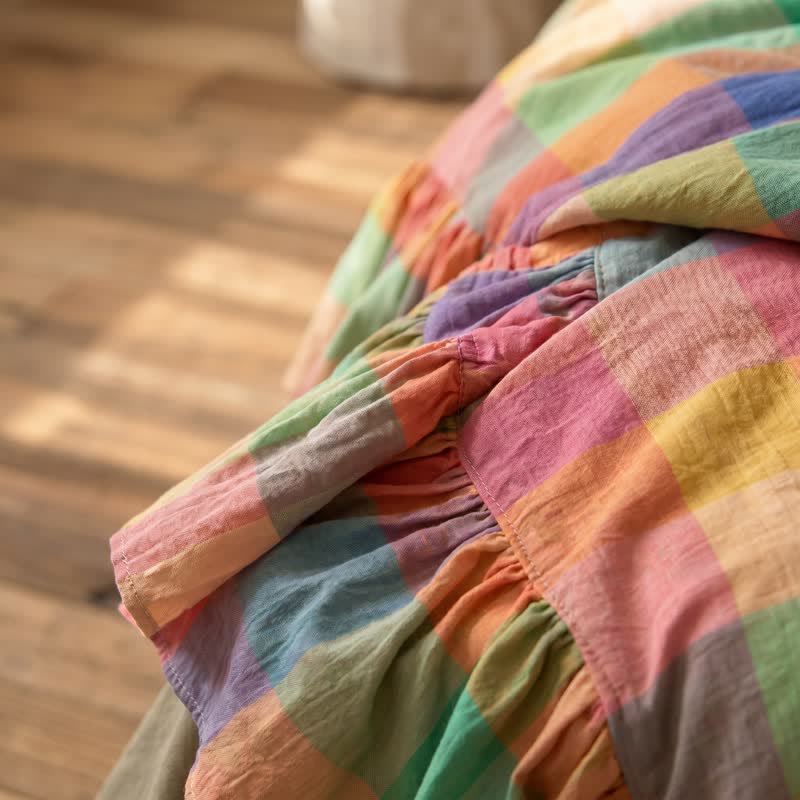 Set di biancheria da letto in cotone con volant e fantasia a quadri colorati (4 pezzi) - image 5