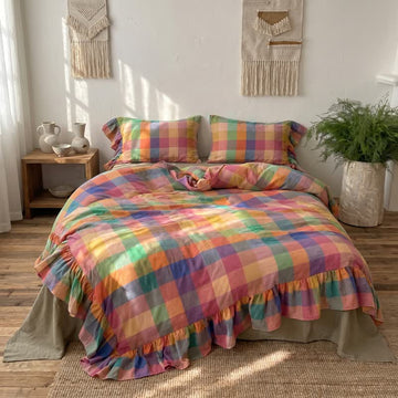 Set di biancheria da letto in cotone con volant e fantasia a quadri colorati (4 pezzi) - Matrimoniale Grande - image 0