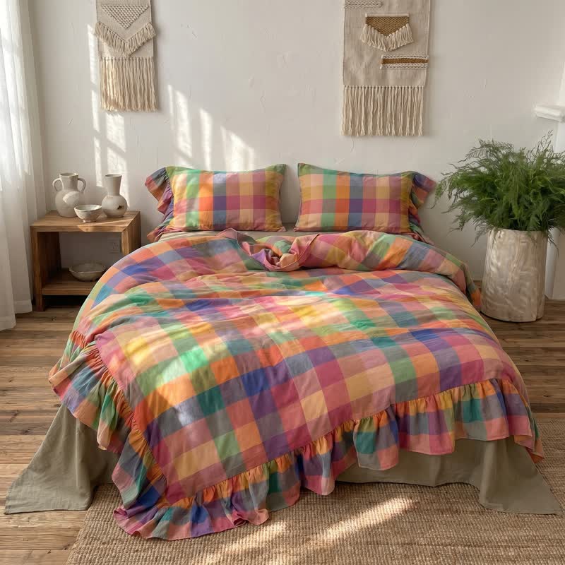 Set di biancheria da letto in cotone con volant e fantasia a quadri colorati (4 pezzi) - Matrimoniale Grande - image 0