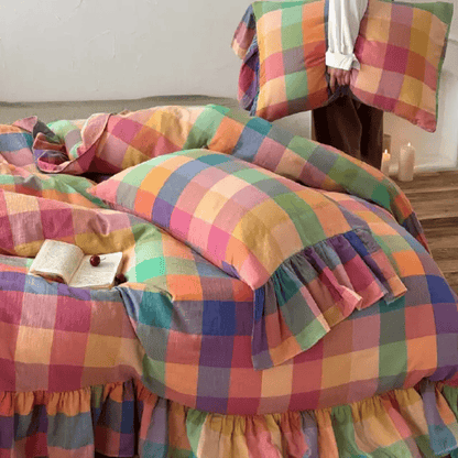 Set di biancheria da letto in cotone con volant e fantasia a quadri colorati (4 pezzi) - image 4