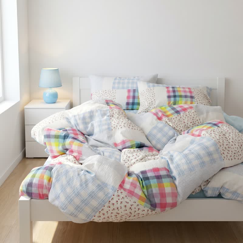 Set di biancheria da letto in cotone con motivo a quadri arcobaleno e patchwork floreale (4 pezzi) - image 4