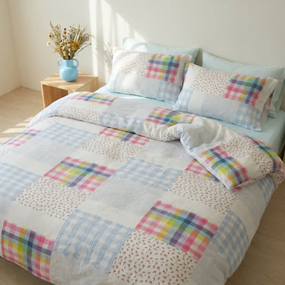 Set di biancheria da letto in cotone con motivo a quadri arcobaleno e patchwork floreale (4 pezzi) - image 2