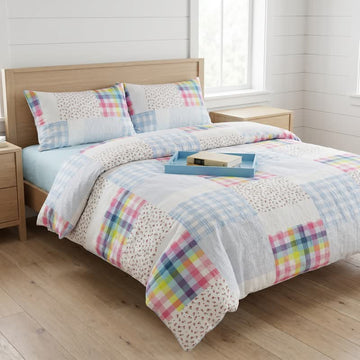 Set di biancheria da letto in cotone con motivo a quadri arcobaleno e patchwork floreale (4 pezzi) - Matrimoniale Grande - Lenzuolo con angoli - image 0