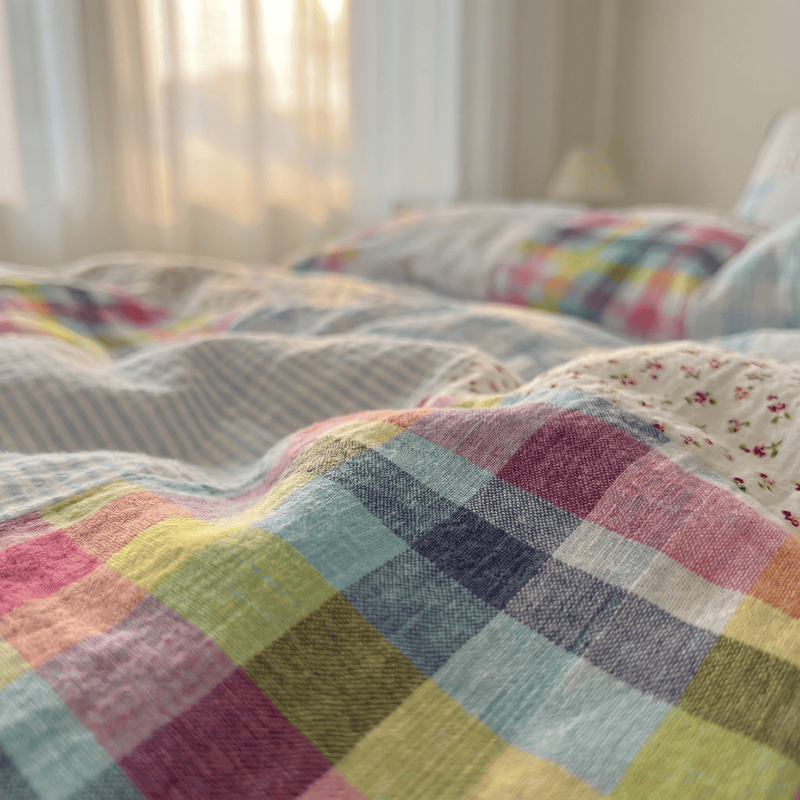 Set di biancheria da letto in cotone con motivo a quadri arcobaleno e patchwork floreale (4 pezzi) - image 6