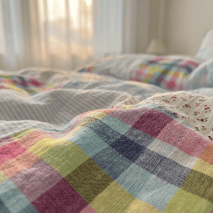 Set di biancheria da letto in cotone con motivo a quadri arcobaleno e patchwork floreale (4 pezzi) - image 6