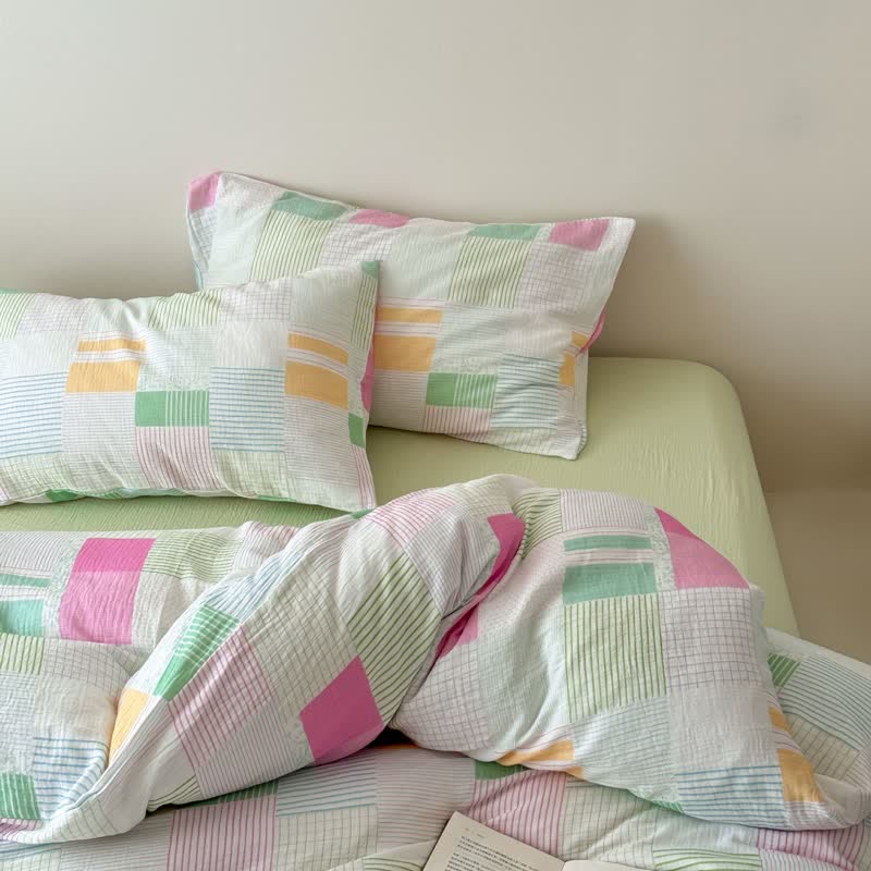 Set di biancheria da letto in cotone patchwork multicolore pastello (4 pezzi) - Verde - Lenzuolo con angoli - Matrimoniale Grande - image 8