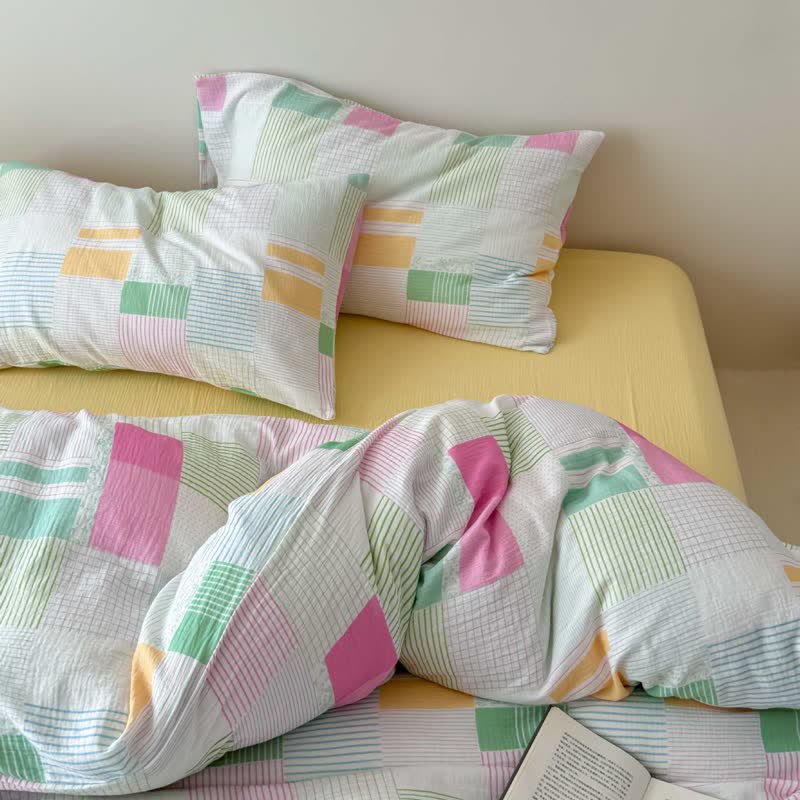 Set di biancheria da letto in cotone patchwork multicolore pastello (4 pezzi) - Giallo - Lenzuolo con angoli - Matrimoniale Grande - image 7