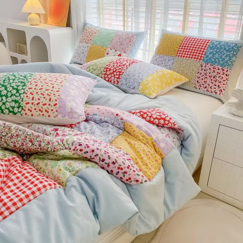 Set di biancheria da letto in cotone con motivo floreale e patchwork colorato - Blu - Set di biancheria da letto da 4 pezzi - Matrimoniale - image 4