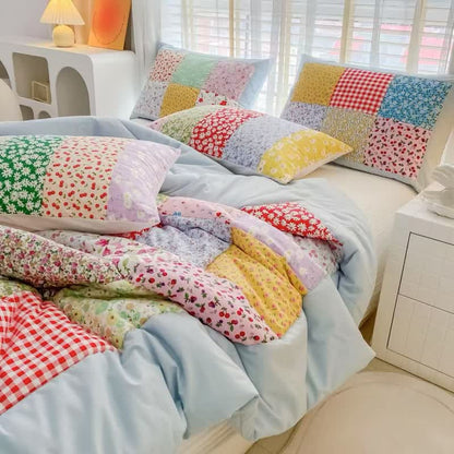 Set di biancheria da letto in cotone con motivo floreale e patchwork colorato - Blu - Set di biancheria da letto da 4 pezzi - Matrimoniale - image 4