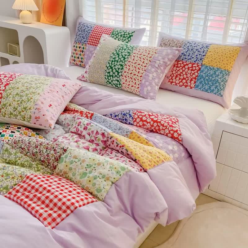 Set di biancheria da letto in cotone con motivo floreale e patchwork colorato - Viola - Set di biancheria da letto da 4 pezzi - Matrimoniale - image 5