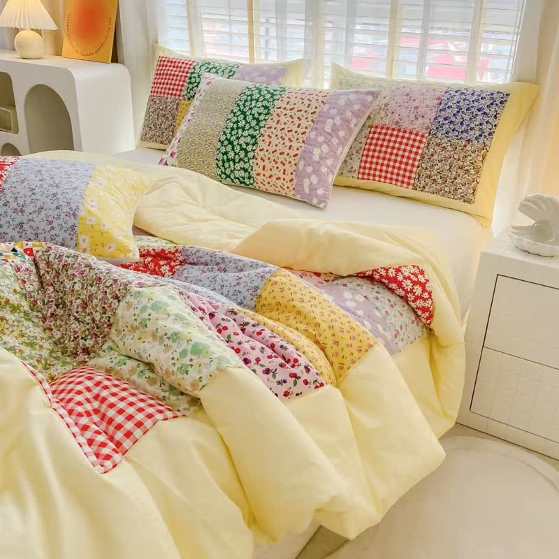 Set di biancheria da letto in cotone con motivo floreale e patchwork colorato - Giallo - Set di biancheria da letto da 4 pezzi - Matrimoniale - image 6