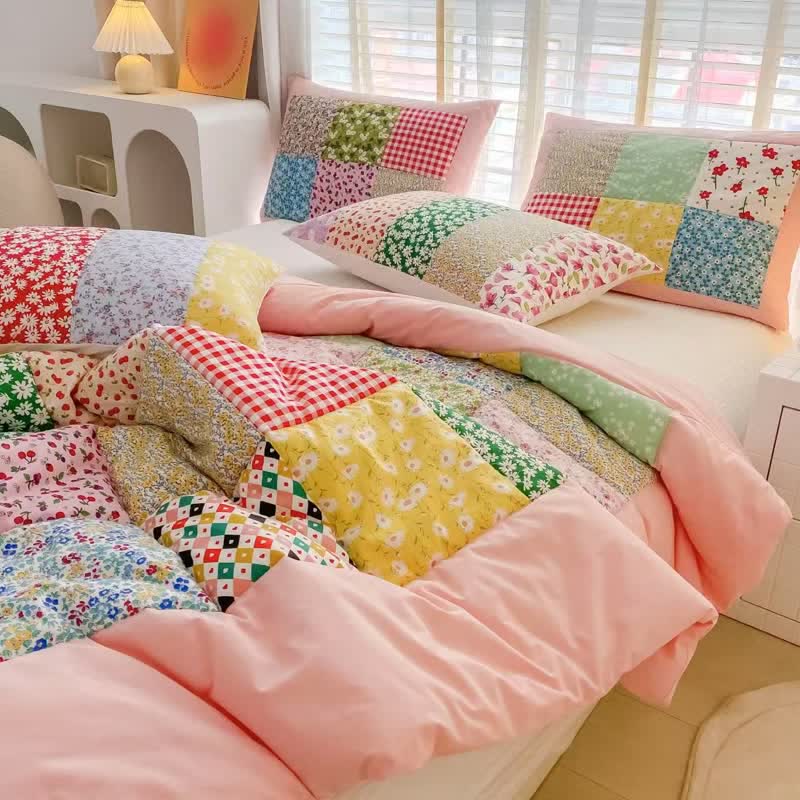 Set di biancheria da letto in cotone con motivo floreale e patchwork colorato - Rosa - Set di biancheria da letto da 4 pezzi - Matrimoniale - image 7