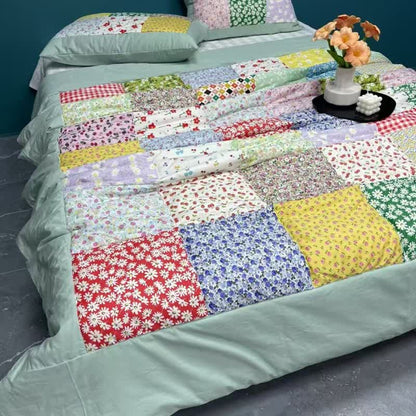 Set di biancheria da letto in cotone con motivo floreale e patchwork colorato - Verde fagiolo - Set di biancheria da letto da 4 pezzi - Matrimoniale - image 8