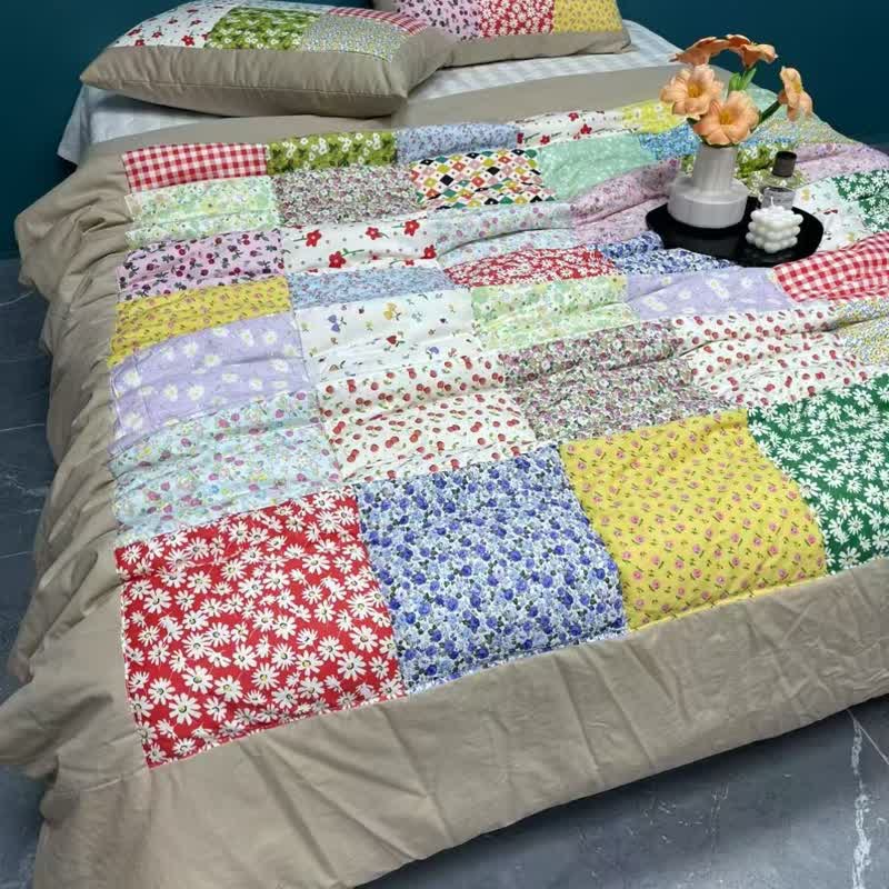 Set di biancheria da letto in cotone con motivo floreale e patchwork colorato - Marrone Mocha - Set di biancheria da letto da 4 pezzi - Matrimoniale - image 10