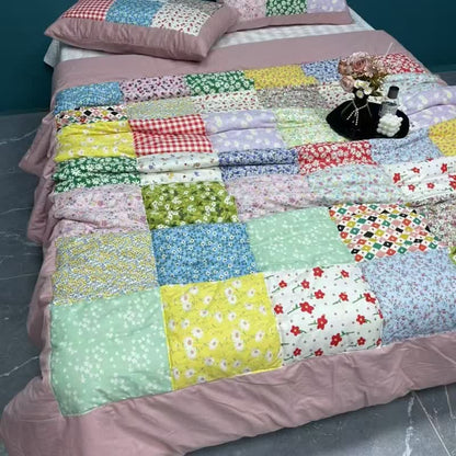 Set di biancheria da letto in cotone con motivo floreale e patchwork colorato - Rosa polverosa - Set di biancheria da letto da 4 pezzi - Matrimoniale - image 11