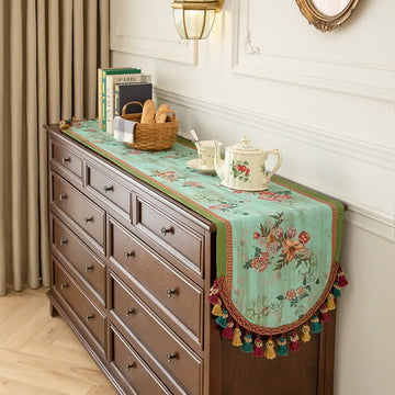 Runner da tavola vintage verde con nappe floreali - Verde - 40cm x 260cm - image 0