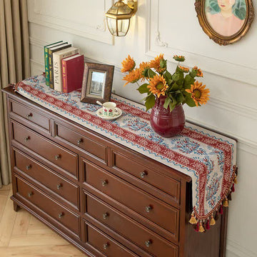 Runner da tavola tradizionale in damasco con nappe - Rosso - 40cm x 220cm - image 0