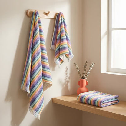 Asciugamano in cotone traspirante a righe arcobaleno - 70 cm x 140 cm - image 0